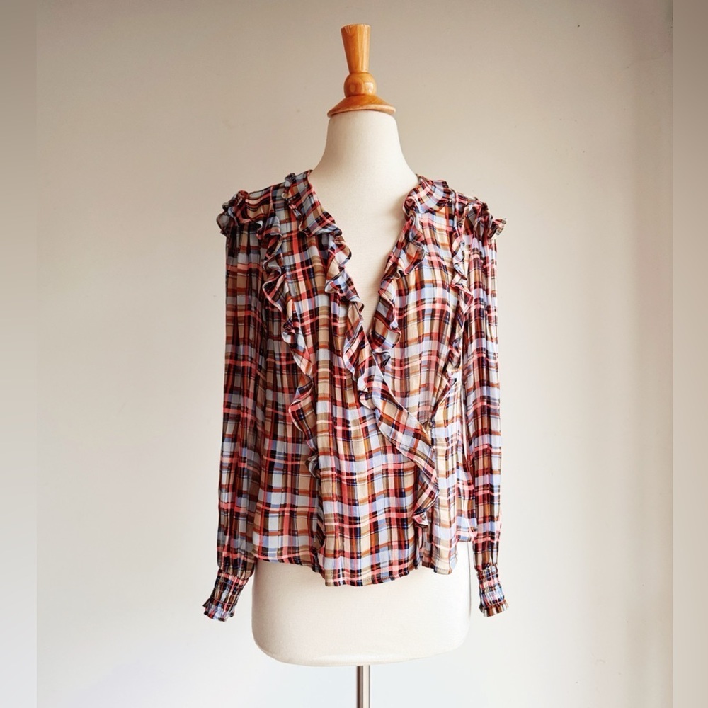 Maeve Anthropologie Laila Plaid Ruffle Blouse Romantic Fall Prep 8 petite - Picture 3 of 6